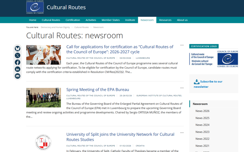 Screenshot newsroom Cultural Routes